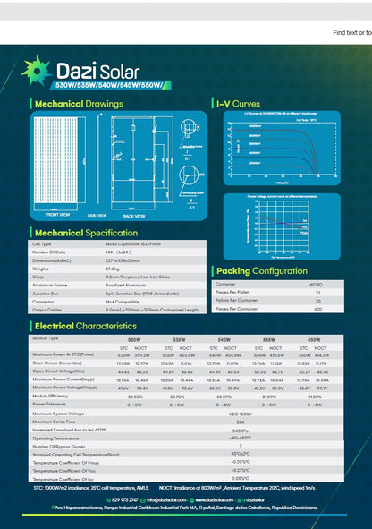 Panel Solar Dazi Solar 550W Mono