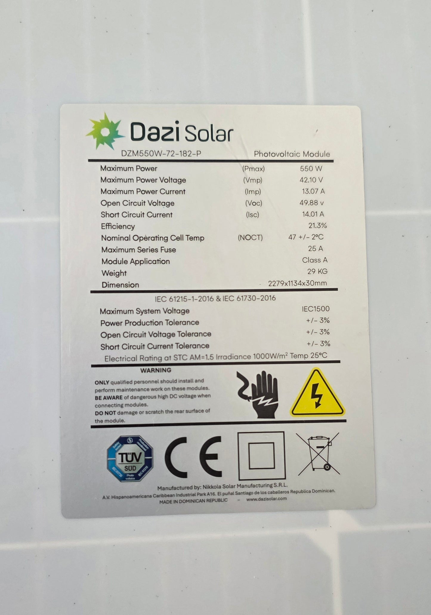 Panel Solar Dazi Solar 550W Mono